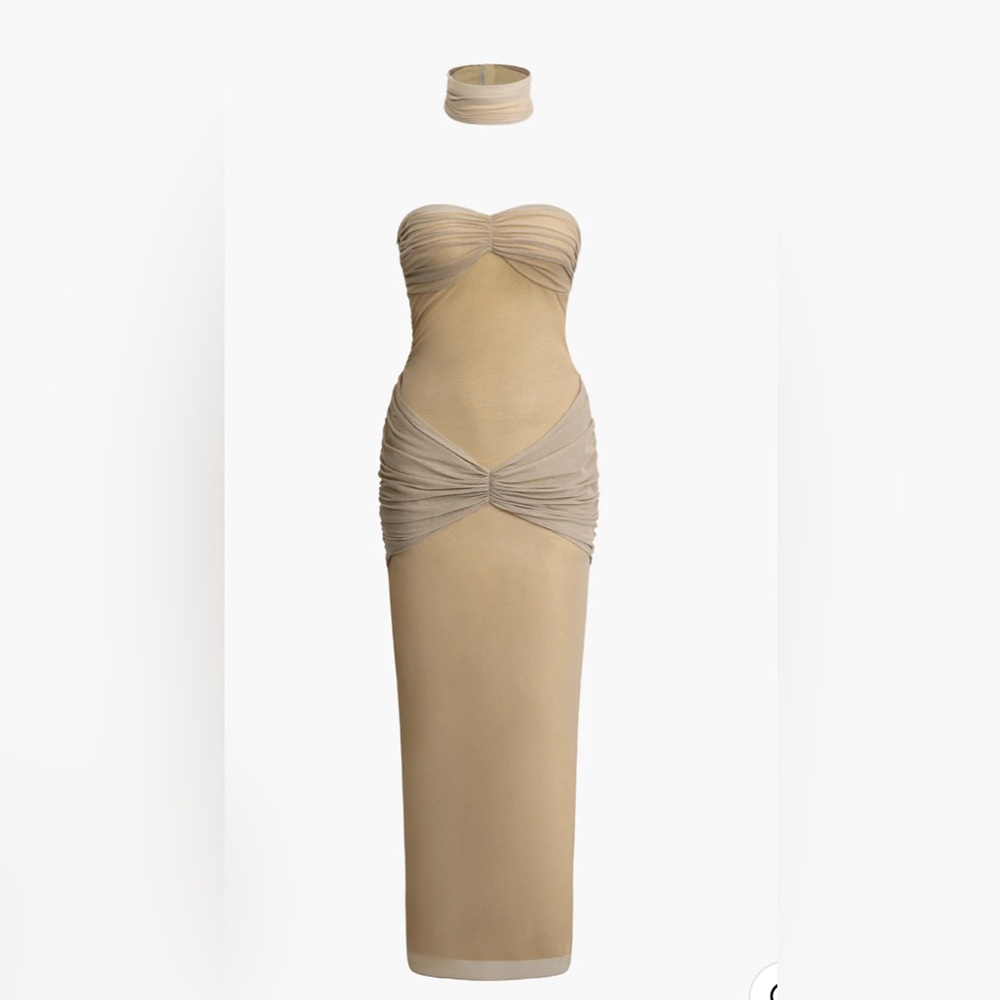 Glitter Mesh Twist Ruched Strapless Maxi Dress With Choker
